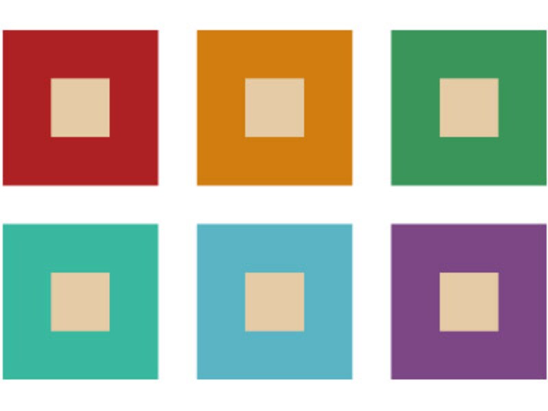 理想的なきれいな肌色の、比較的調和のとれた配色例:ルージュ、マンダリン、エメラルド、ターコイズ、サルビア、ラベンダー