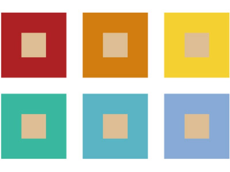 健康的な肌色の、比較的調和のとれた配色例:ルージュ、マンダリン、サフラン、ターコイズ、スカイブルー、サルビア