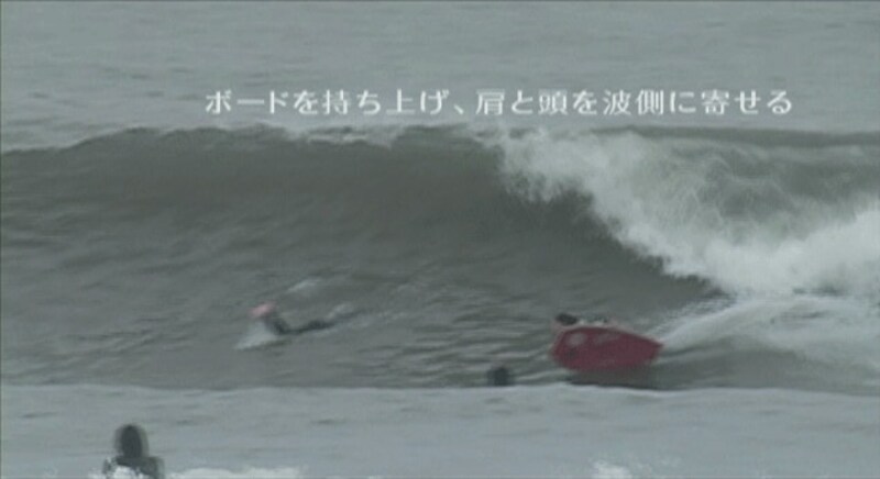 肩と頭を波側に寄せる