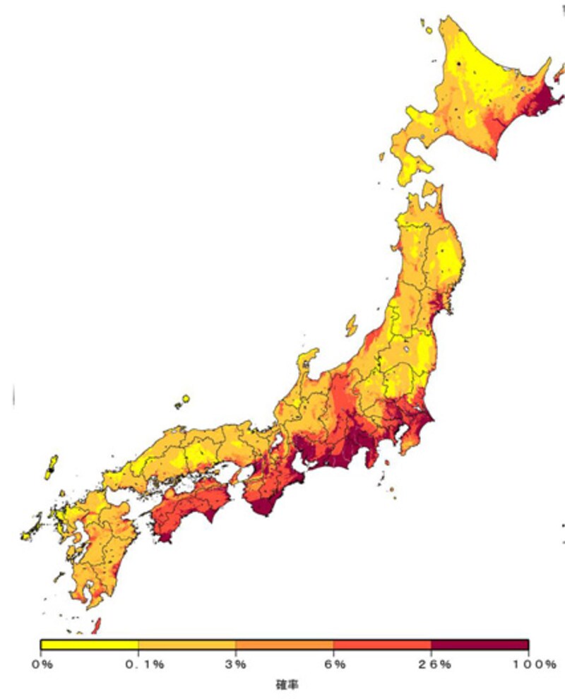 【図1】「今後30年以内に震度6弱以上の揺れに見舞われる確率の分布図(平成21年7月21日発表)」。