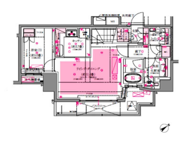 80-Cタイプ(メゾネット3LDK)間取図・8階部分(下階)