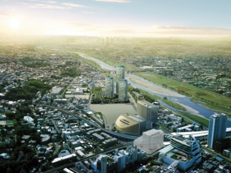 現地周辺空撮(2008年3月撮影の航空写真に計画段階の図面を基に描き起こした完成予想CGを合成したもので実際とは多少異なります)