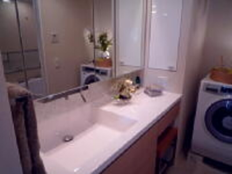 ラクモアの洗面ドレッサーは三面鏡の中や洗面ボウル下の収納量も多めにしている