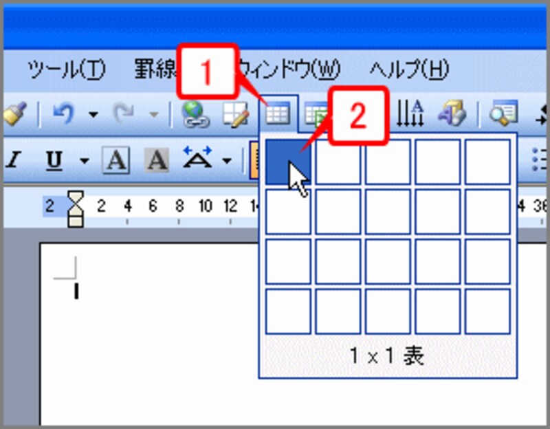 ツールバーの［表の挿入］ボタンをクリックしてパネルを開いたら、「1×1」の位置をクリックします（Word 2007では［挿入］タブの［表］ボタンをクリック）