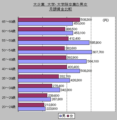大企業 大学・大学院卒の男女 月額賃金比較