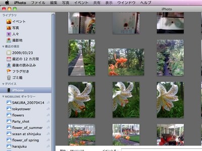 iPhoto左横のメニューにiPhoneが現れます。クリックすると写真や動画が一覧表示されます