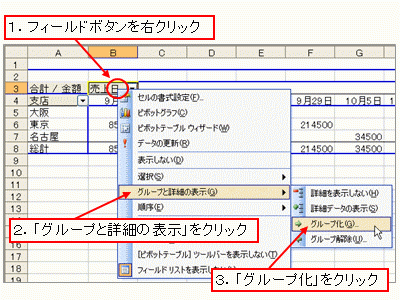 「グループと詳細の表示」→「グループ化」をクリック