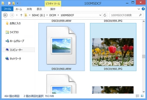 エクスプローラで見ると通常Raw画像のファイルはアイコンに写真が表示されません。