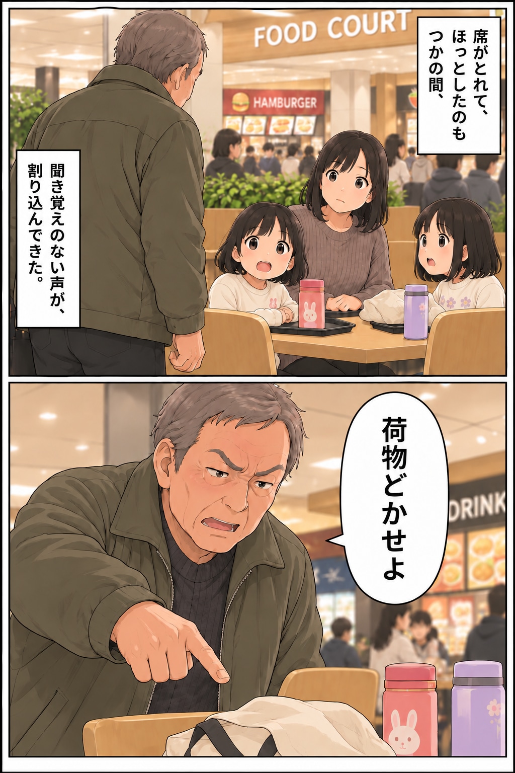 【漫画】「オレの予約席だからどけ」フードコートで主張する高齢男性にザワッ。夫の「見事な対応」とは【前編】