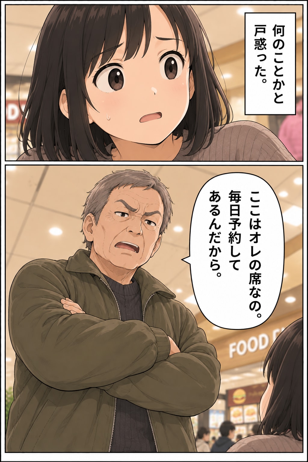 【漫画】「オレの予約席だからどけ」フードコートで主張する高齢男性にザワッ。夫の「見事な対応」とは【前編】