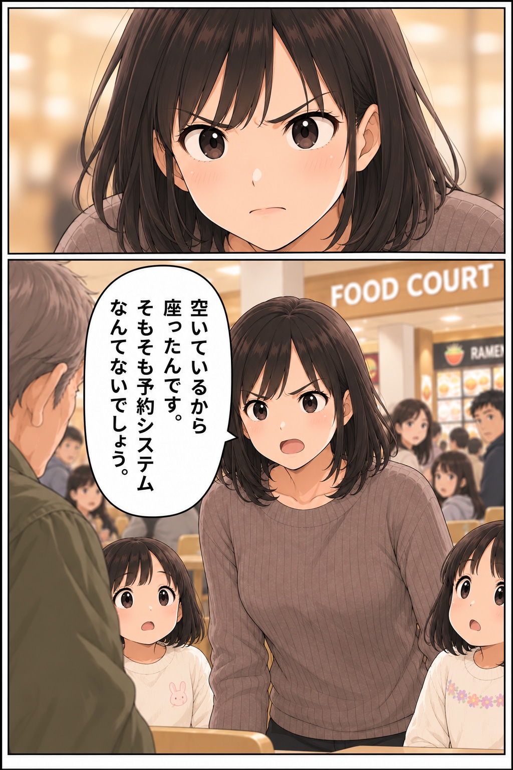 【漫画】「オレの予約席だからどけ」フードコートで主張する高齢男性にザワッ。夫の「見事な対応」とは【後編】