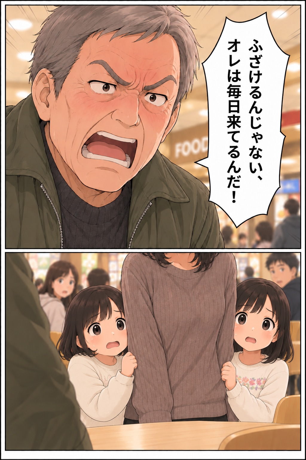 【漫画】「オレの予約席だからどけ」フードコートで主張する高齢男性にザワッ。夫の「見事な対応」とは【後編】