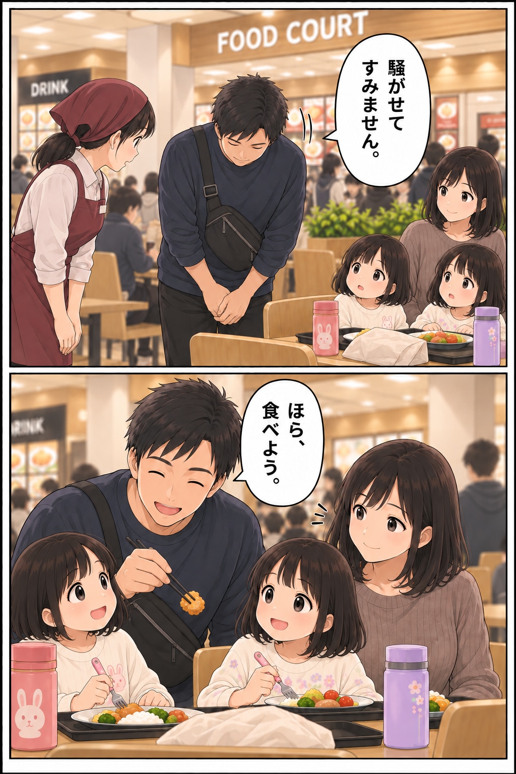 【漫画】「オレの予約席だからどけ」フードコートで主張する高齢男性にザワッ。夫の「見事な対応」とは【後編】