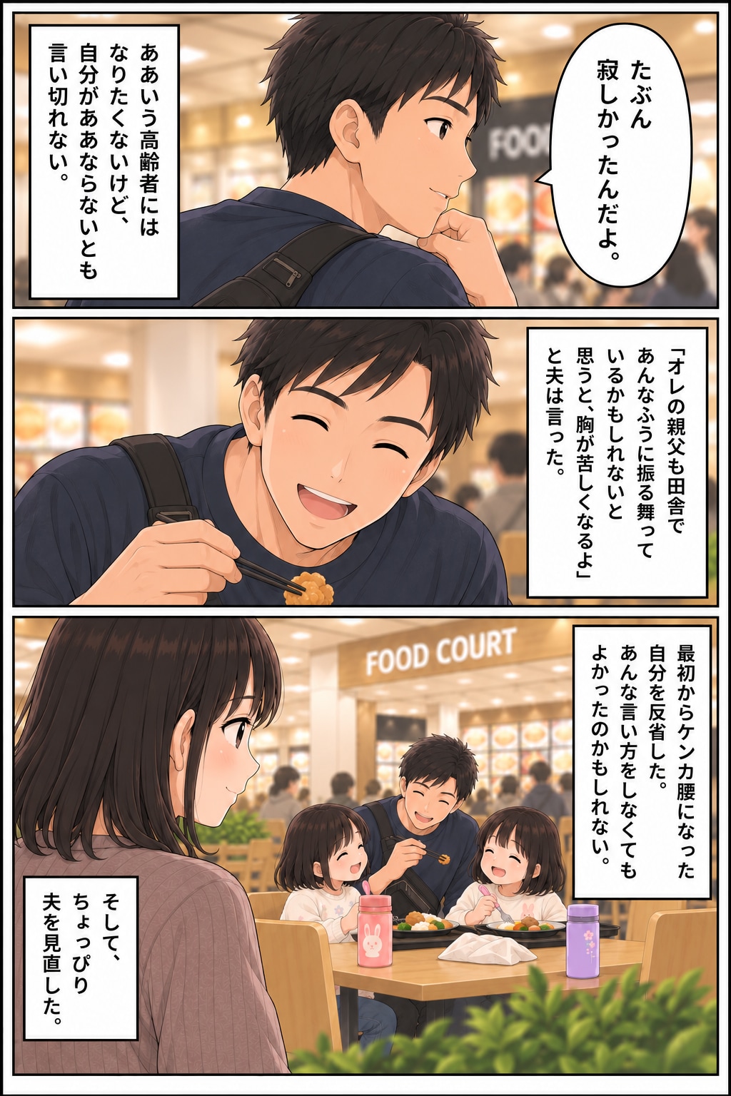 【漫画】「オレの予約席だからどけ」フードコートで主張する高齢男性にザワッ。夫の「見事な対応」とは【後編】
