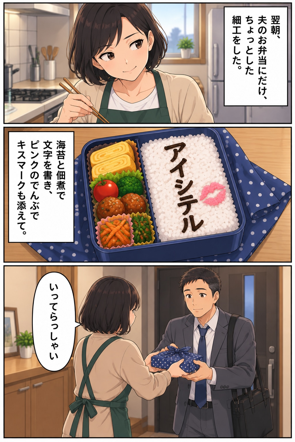 【漫画】妻の手作り弁当が暴いた夫の悪事!?異変を察知した妻が弁当に仕込んだイタズラで意外な展開が…【前編】