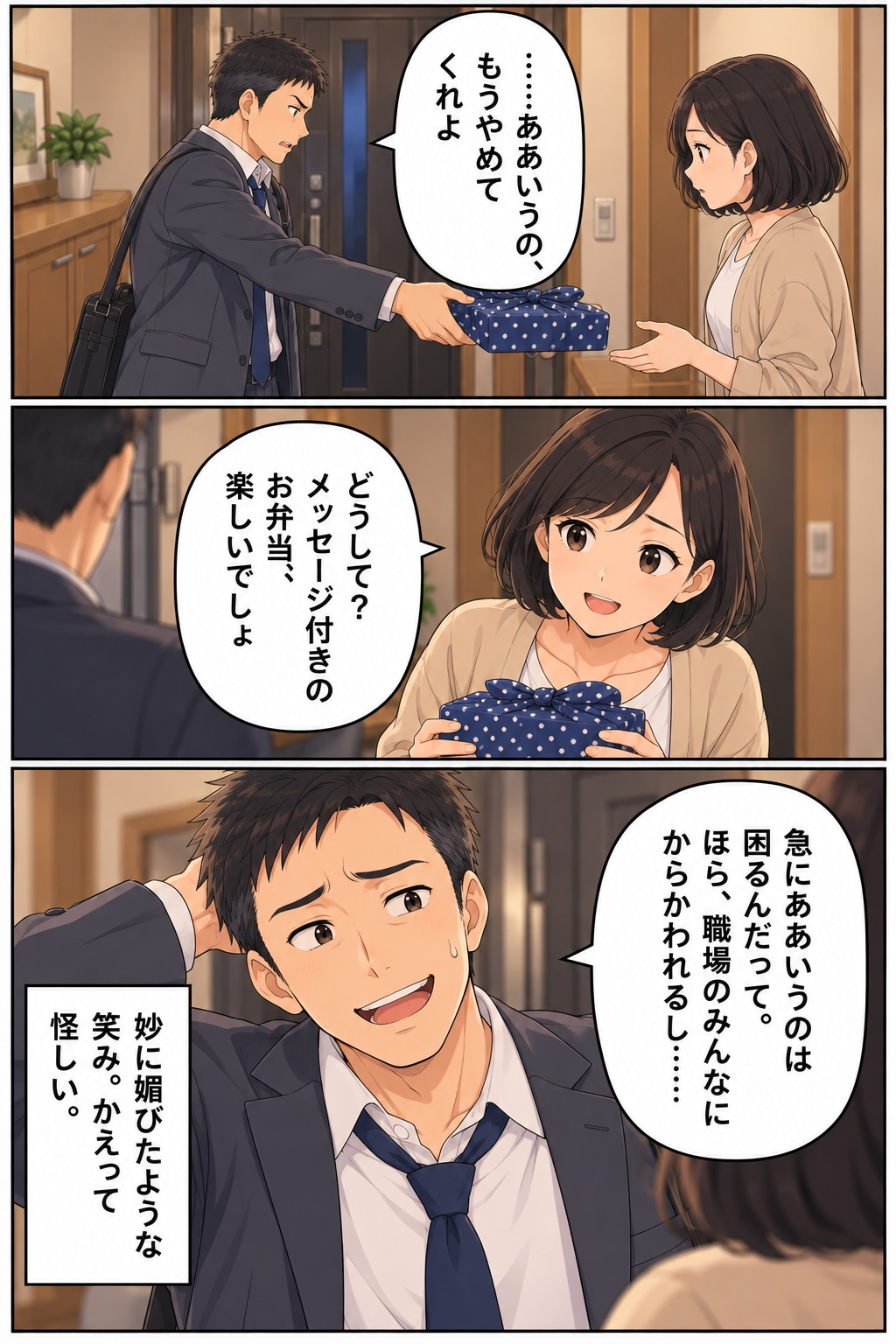 【漫画】妻の手作り弁当が暴いた夫の悪事!?異変を察知した妻が弁当に仕込んだイタズラで意外な展開が…【前編】