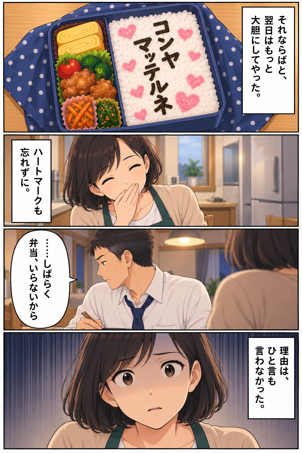 【漫画】妻の手作り弁当が暴いた夫の悪事!?異変を察知した妻が弁当に仕込んだイタズラで意外な展開が…【前編】