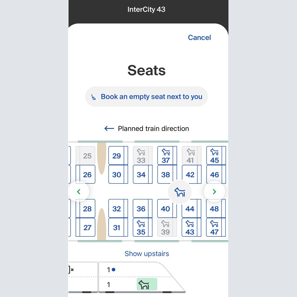 VR（フィンランド鉄道）のアプリ。座席指定でペット同伴車両がわかる