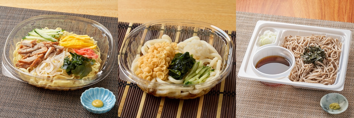 左から「6種具材の冷し中華」「冷したぬきうどん/冷しぶっかけうどん」「ざるそば」