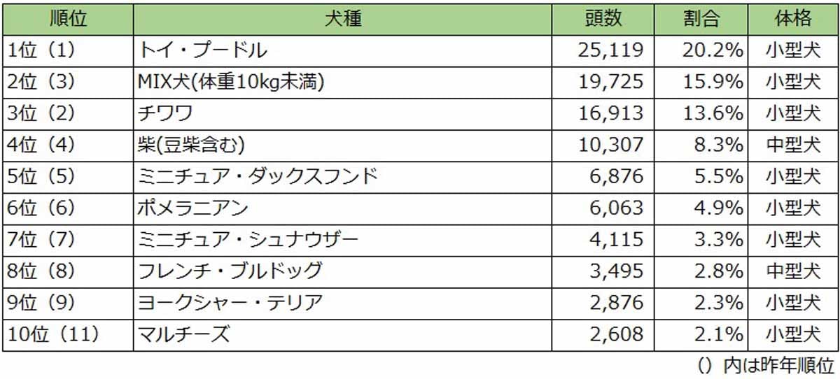 人気犬種ランキング1～10位（出典：プレスリリース、以下同）