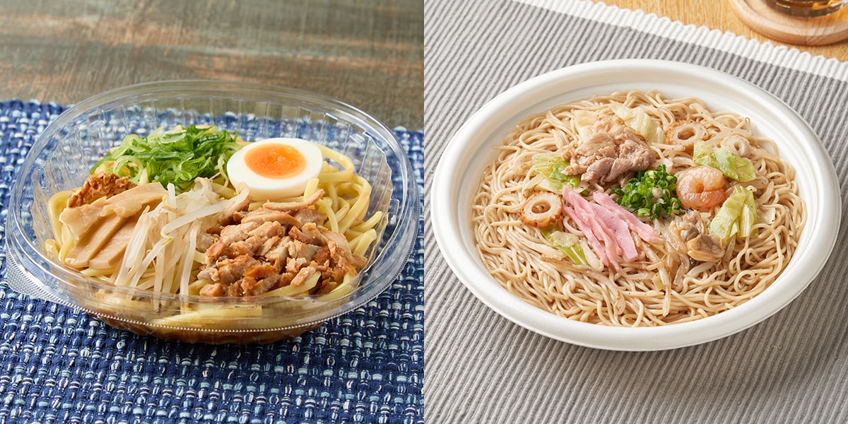左から、頑者監修「冷し魚介豚骨まぜそば」とShin-Shin店主監修「博多焼きラーメン」