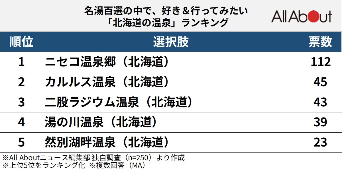 名湯百選の中で、好き＆行ってみたい「北海道の温泉」ランキング