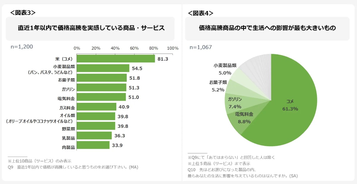 左から「直近1年以内で価格高騰を実感している商品・サービス」、「価格高騰商品の中で生活への影響が大きいもの」アンケート