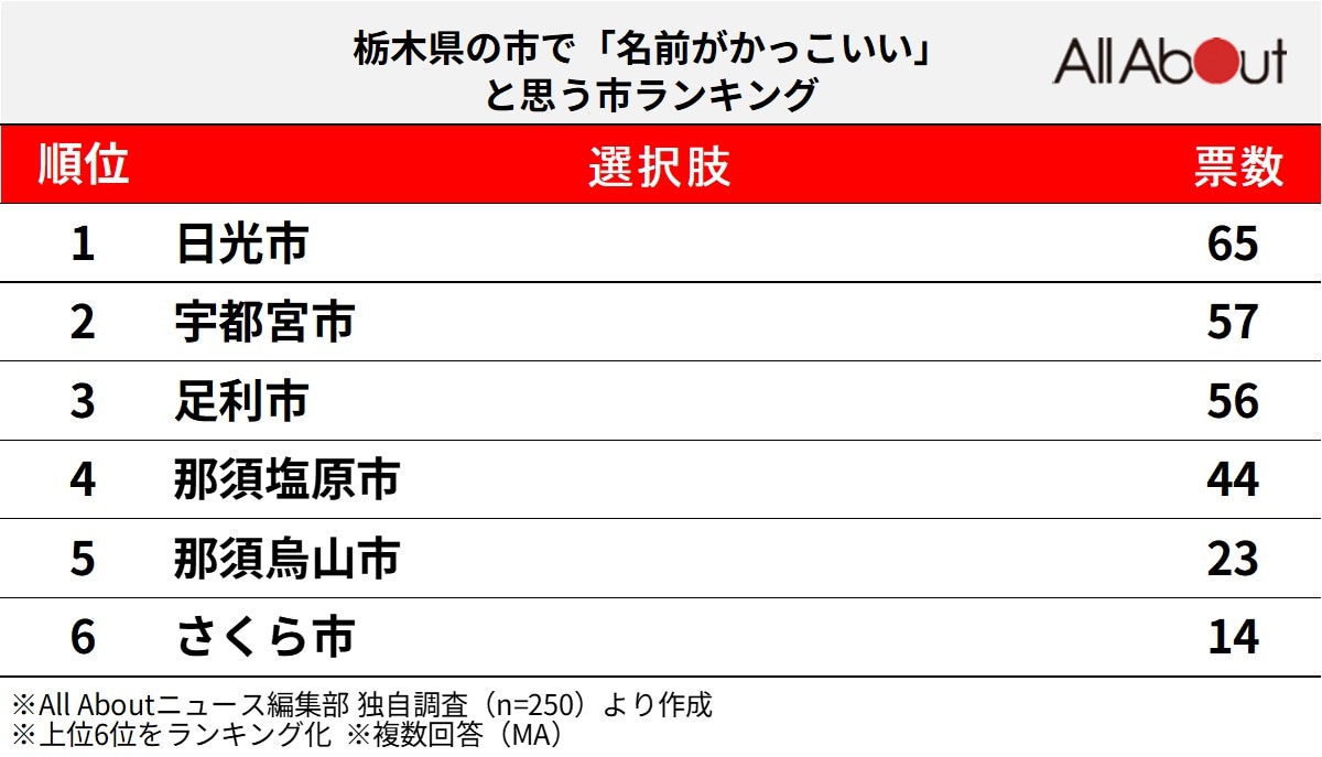 栃木県の市で「名前がかっこいい」と思う市ランキング