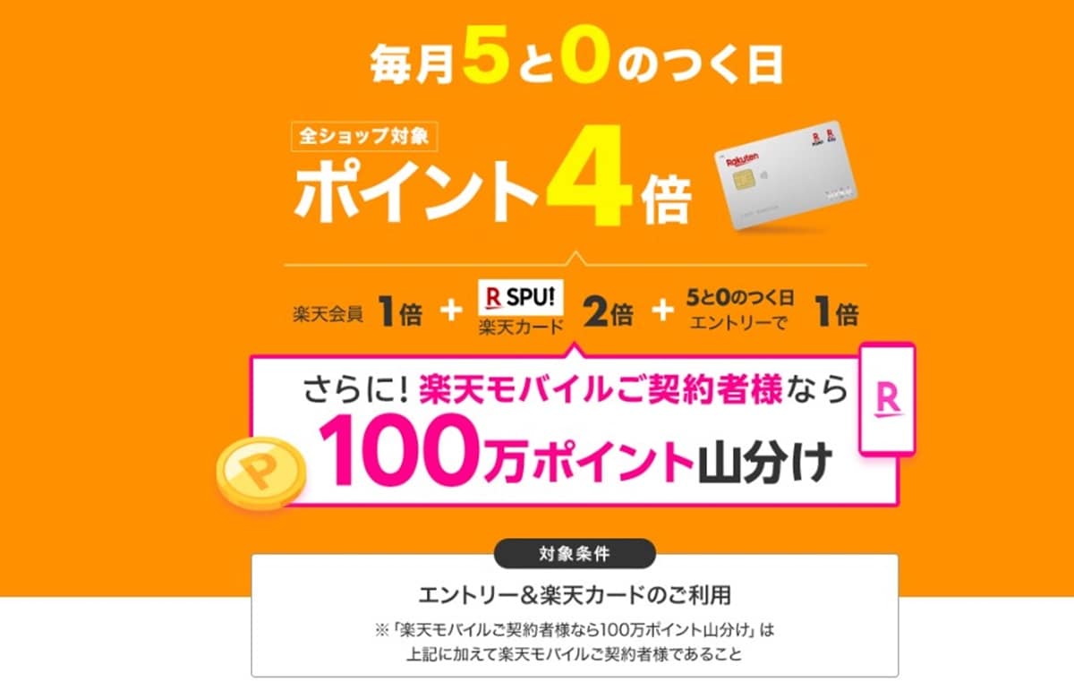 5と0の付く日：楽天カード利用でポイントアップ2倍！