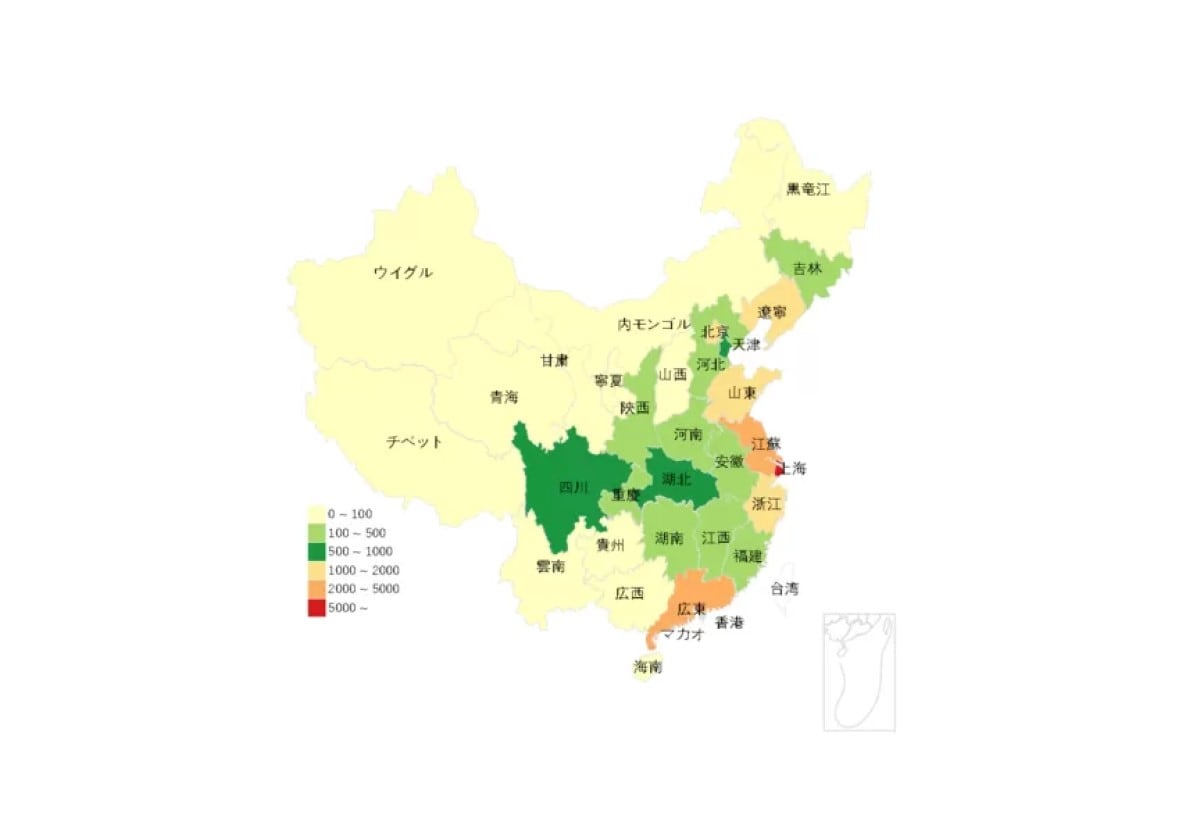 中国日系企業の地域分布地図(単位：社)