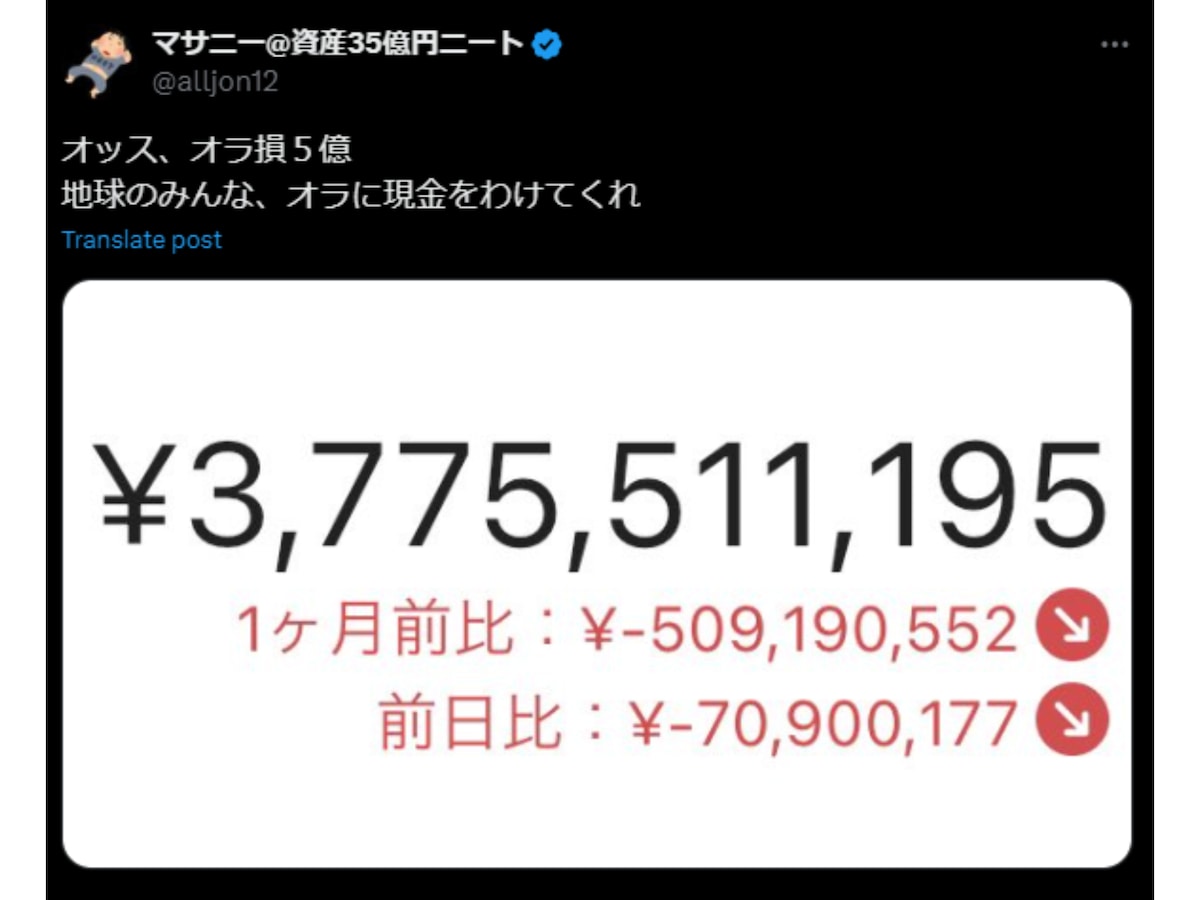 「生涯年収が一カ月で消滅」資産35億円ニート、株価暴落で膨大な損失額を明かす！ 「宝くじの当選金額だね」 - All About ニュース