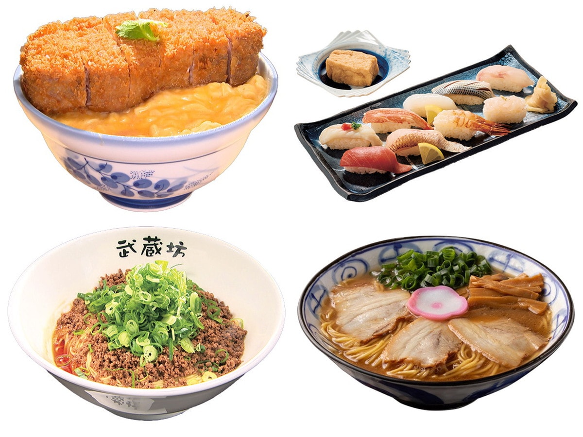 上左：名古屋市北区「かつ丼あらた」ロースかつ丼（税込2200円）上右：石川県金沢市「金沢まいもん寿司」金沢づつみもん（1人前10貫 税込3850円）下左：広島市中区「武蔵坊本店」ごま汁なし担担麺（税込1100円）下右：和歌山県岩出市「中華そば 丸田屋」中華そば（税込1200円）（提供画像）