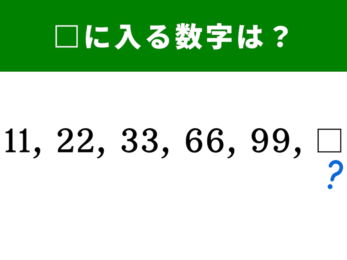 2番、5番、7番、19番、26番、28番、39番、41番 算数クイズ】11、22、33、66、99……に続く空欄に入る数字は？ 1分解答を