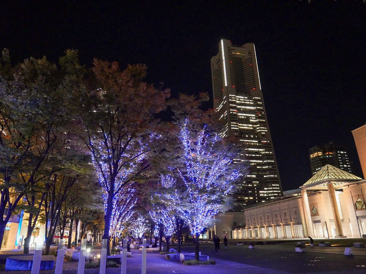 横浜駅東口からグランモール公園までブルーの光で彩る「ヨコハマミライト2025 ～みらいを照らす、光のまち～」（筆者撮影）