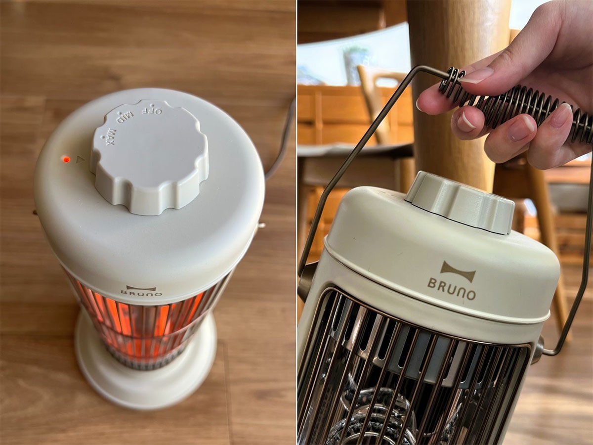 ダイヤルが天面に配置されていて、しゃがまずにオンオフできる（左）。傾けるとすぐ消えるうえ、持ち運びしやすい持ち手付きで便利（右）。