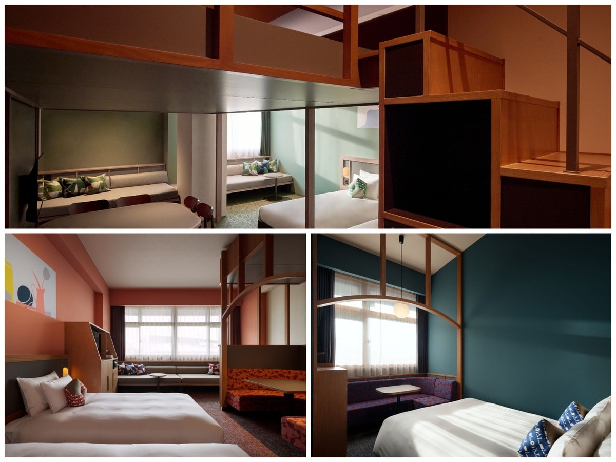 全276室の客室は旧横浜市庁舎内で使用されていた「赤・青・緑」がテーマカラーとなっている。上：やぐらスイート（緑）、下左：かたりばルーム（赤）、下右：ダブルルーム（青）（提供画像）