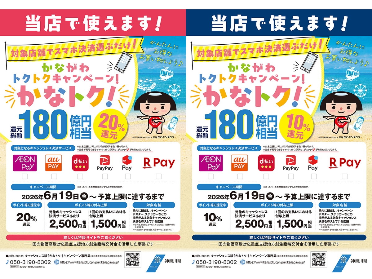 「かながわトクトクキャンペーン！」ポスター。20％還元対象店は「赤」、10％は「紺」のカラーが使われている