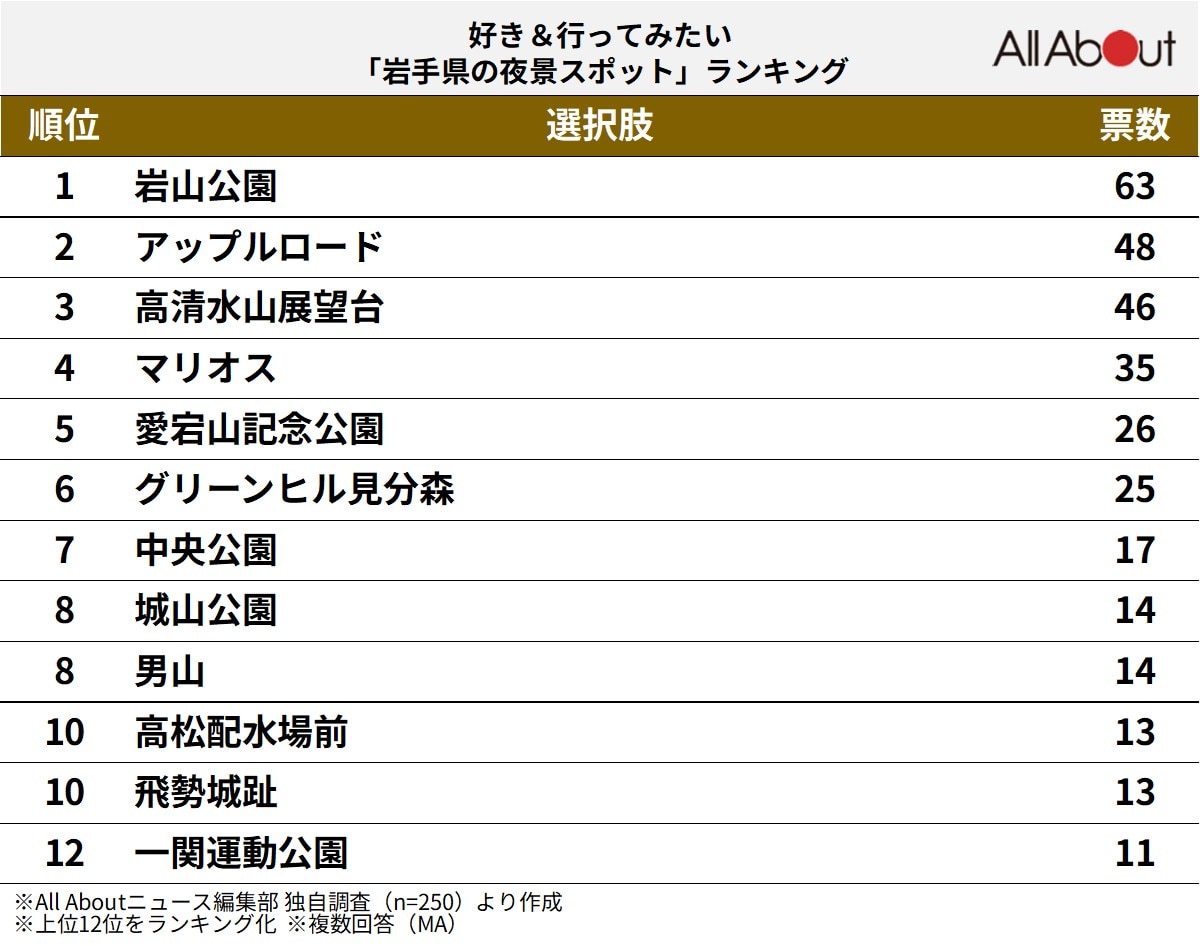 好き&行ってみたい「岩手県の夜景スポット」ランキング