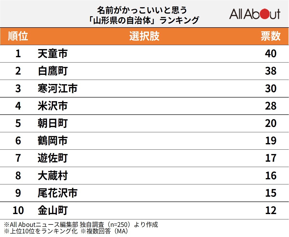 名前がかっこいいと思う「山形県の自治体」ランキング