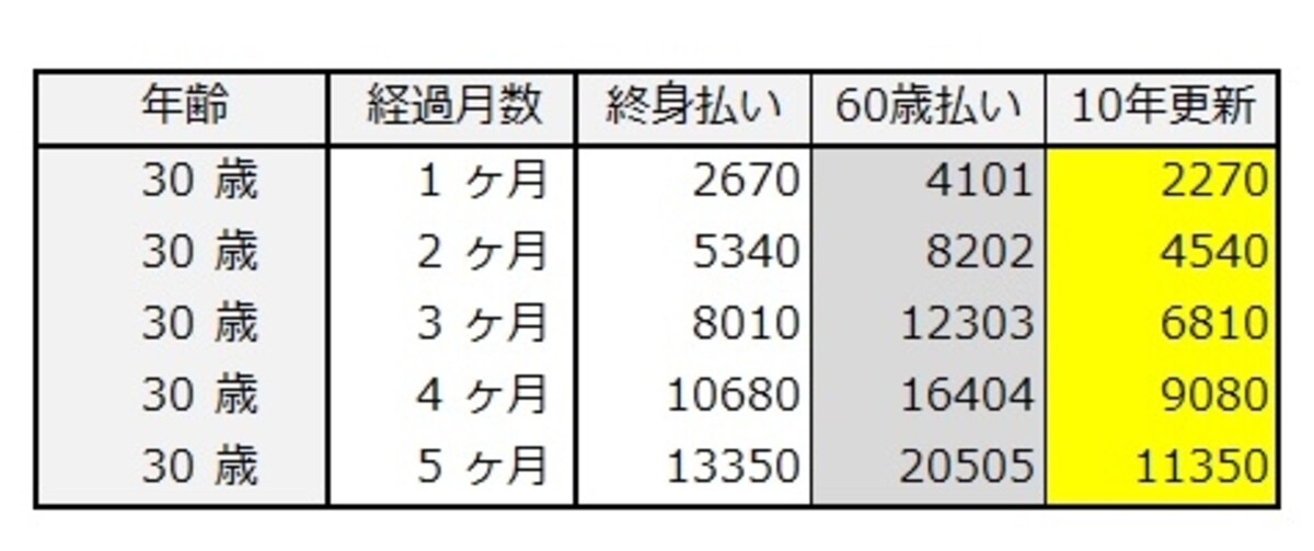加入してすぐの保険料累計（30歳女性）