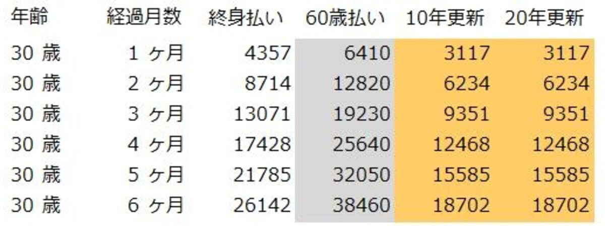 加入してすぐの保険料累計（30歳女性）