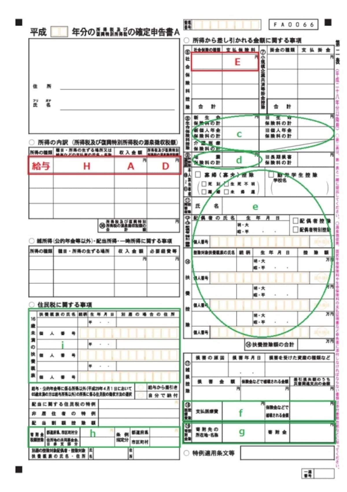 確定申告書A様式 第二表の記入例。住民税の計算に必要となる情報を書く