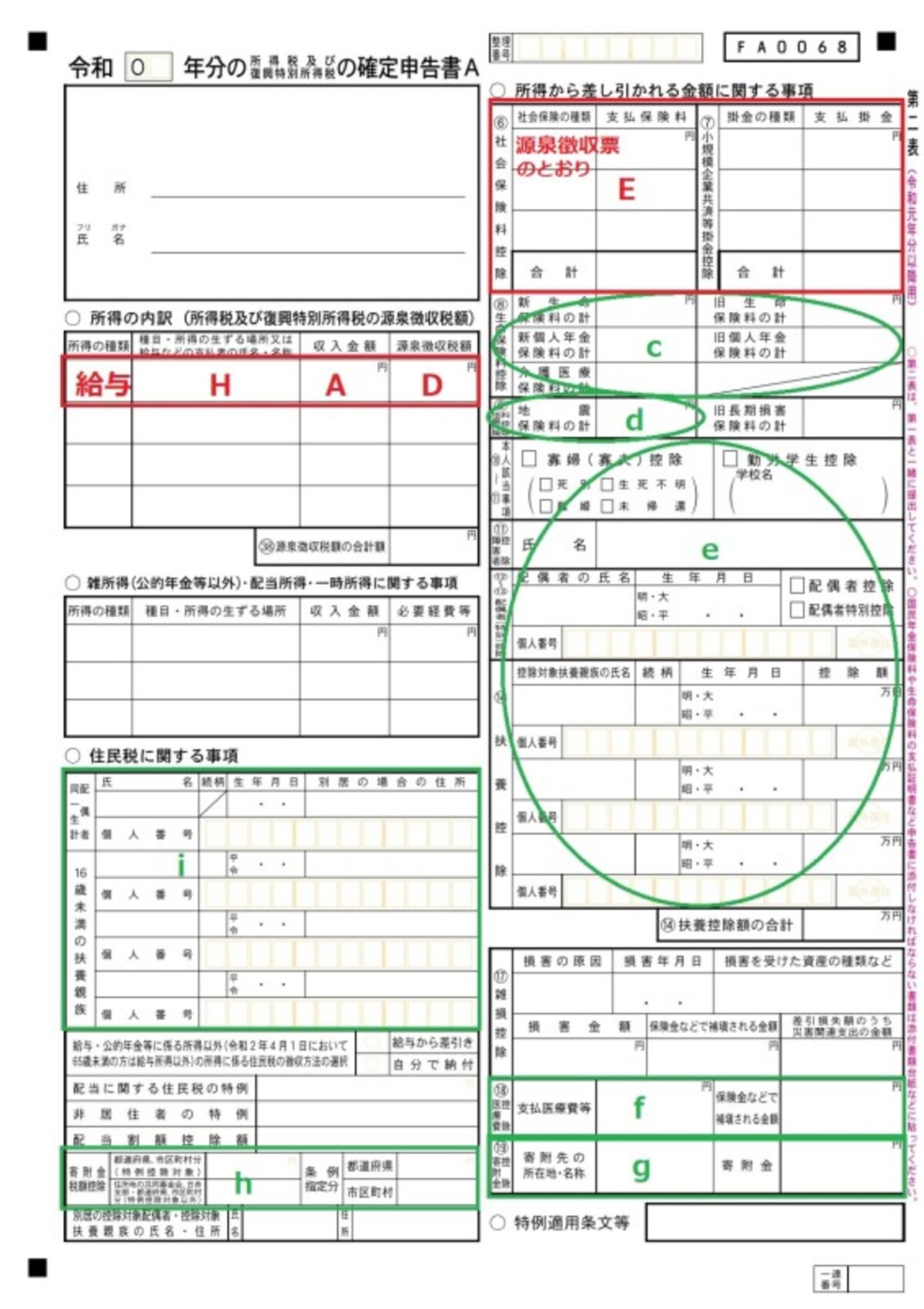 確定申告書A様式 第二表の記入例。住民税の計算に必要となる情報を書く