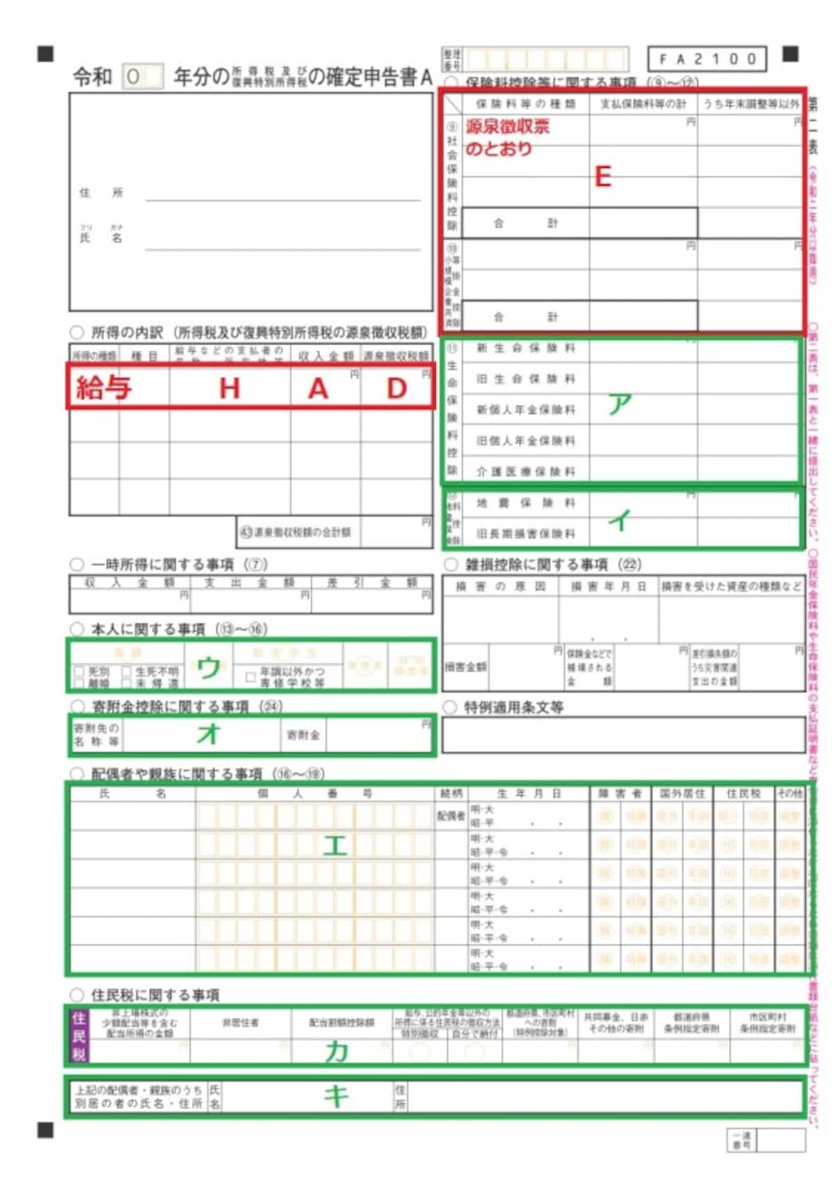 確定申告書A様式 第二表の記入例。住民税の計算に必要となる情報を書く