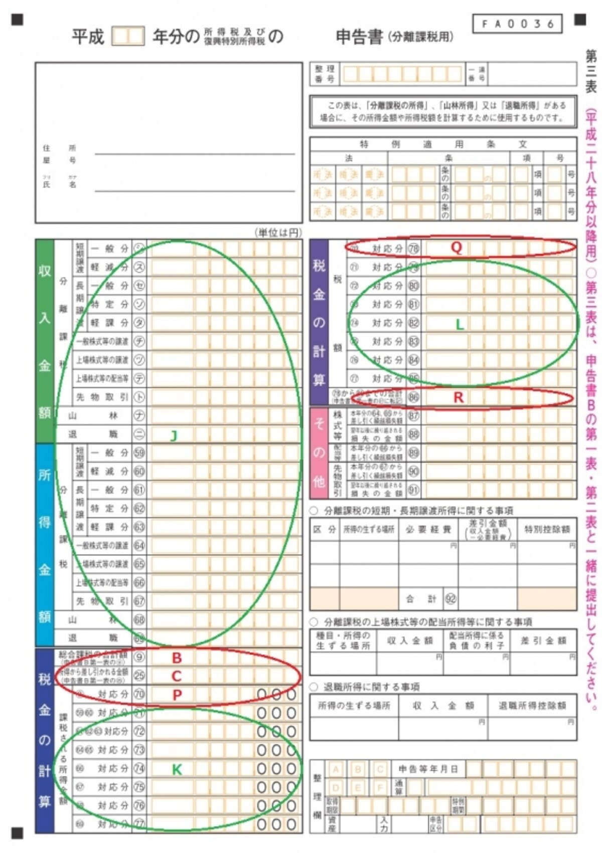＜申告書第三表（分離課税用）＞株の譲渡所得などの分離課税を含めた税額を計算する時に利用する