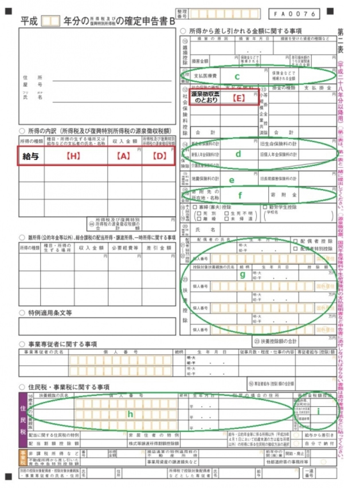＜確定申告書B　第二表＞住民税の計算に必要となる情報を記入する