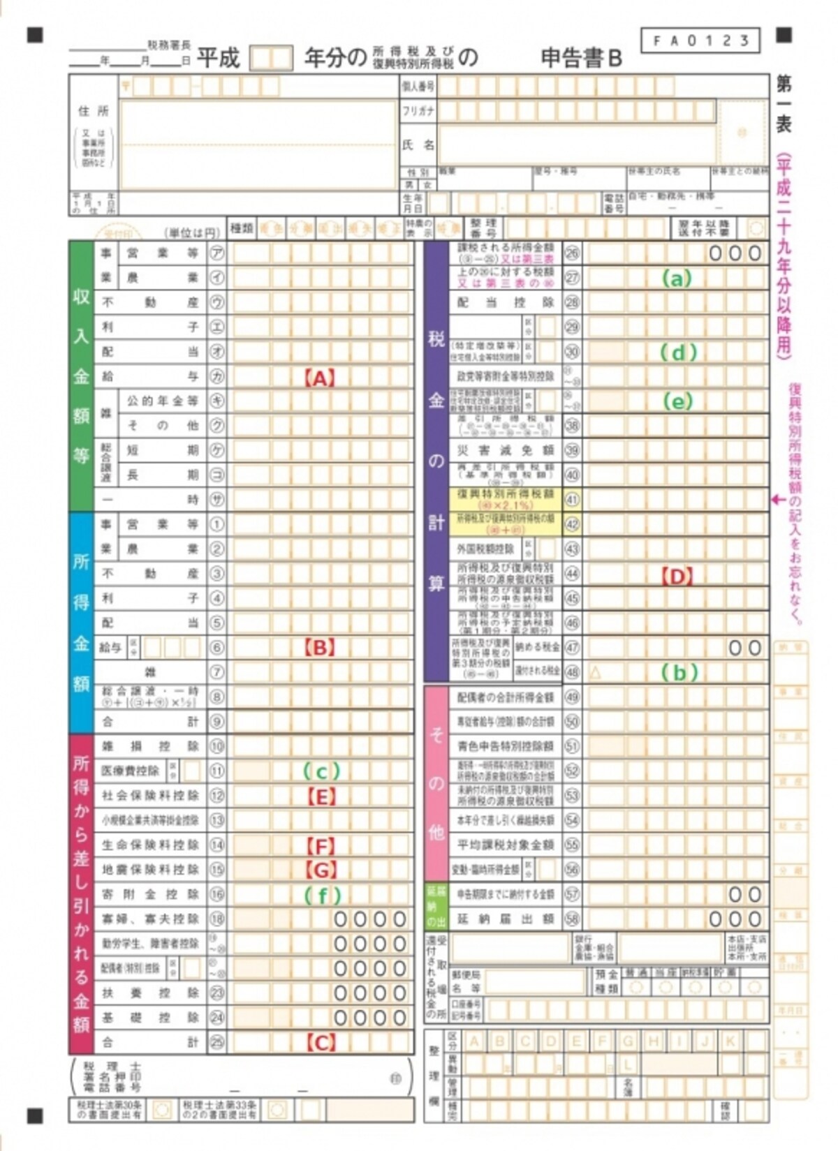 ＜確定申告書B　第一表＞どのような所得でも申告できる「確定申告書B」。給与所得、公的年金等・その他の雑所得、配当所得、一時所得だけの人は「確定申告書A」を使用する