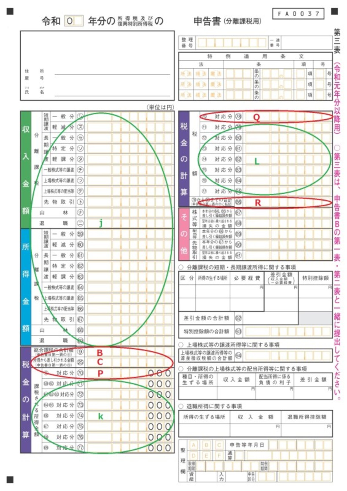 ＜申告書第三表（分離課税用）＞株の譲渡所得などの分離課税を含めた税額を計算する時に利用する