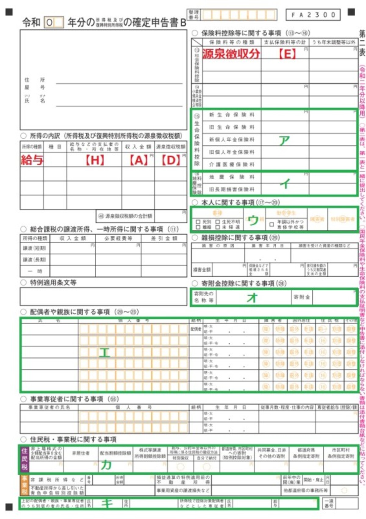 ＜確定申告書B　第二表＞住民税の計算に必要となる情報を記入する