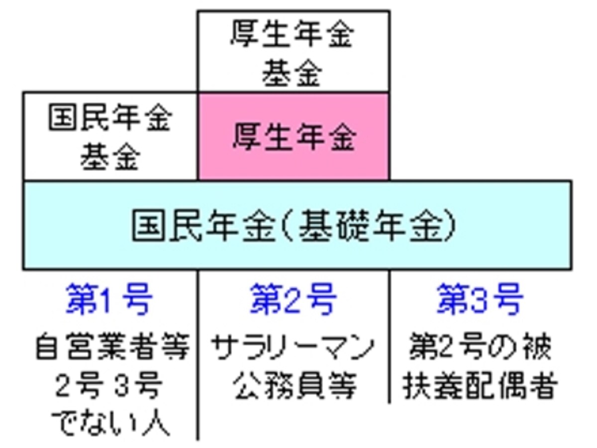 国民年金（水色の部分）からは「老齢基礎年金」が、厚生年金（ピンクの部分）からは「老齢厚生年金」が支給される